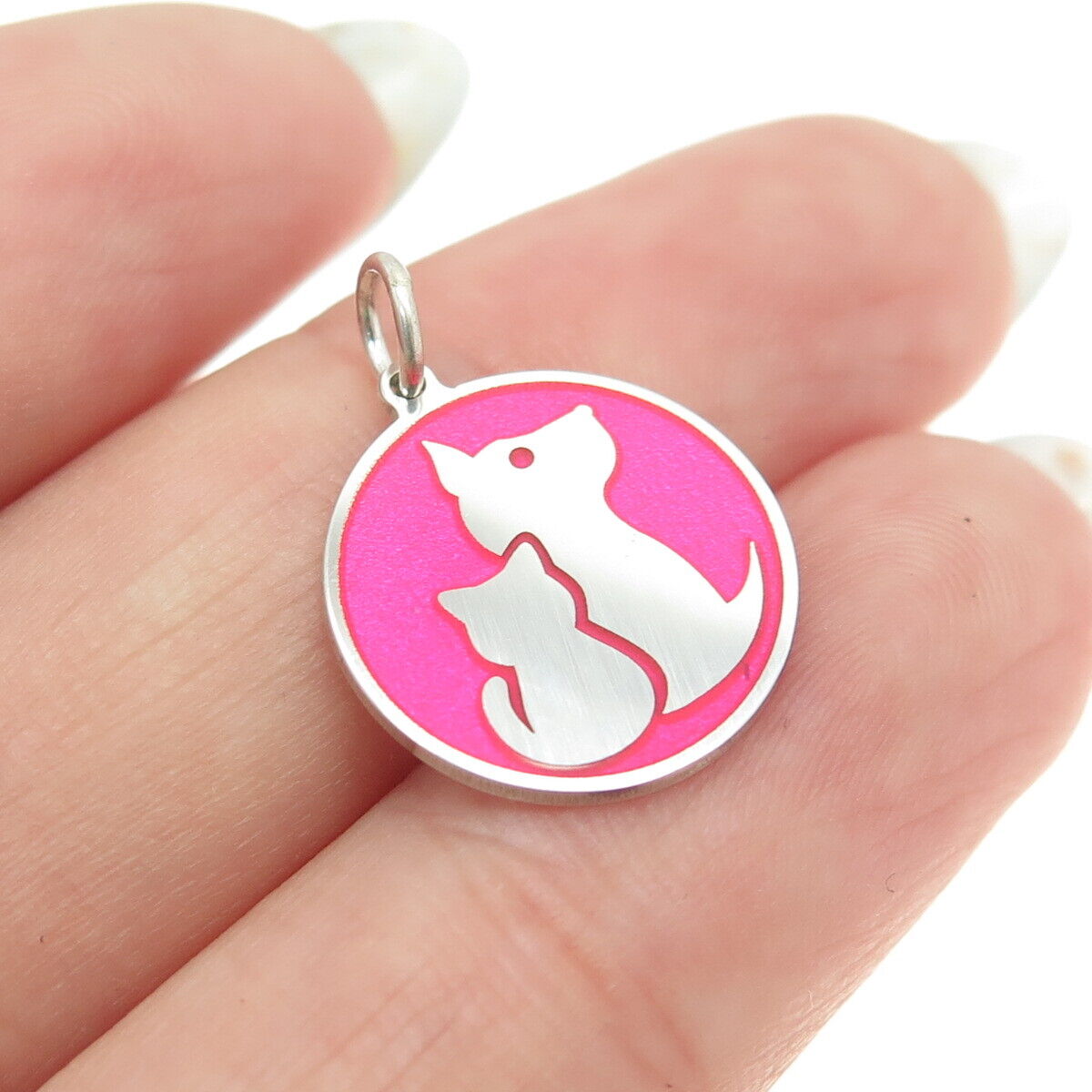 925 Sterling Silver Pink Enamel Dog & Cat Friendship Minimalist Charm Pendant