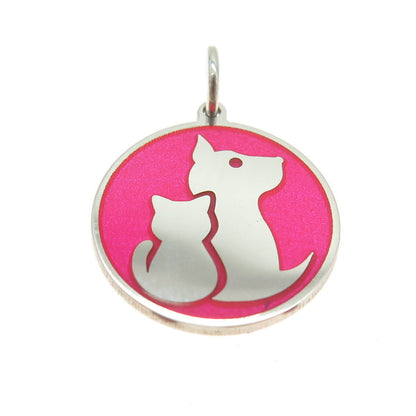 925 Sterling Silver Pink Enamel Dog & Cat Friendship Minimalist Charm Pendant