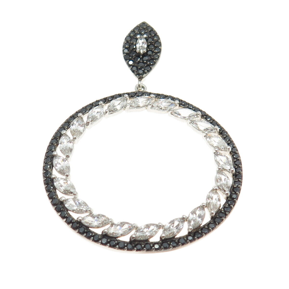 925 Sterling Silver Round-Cut Black Spinel & Marquise-Cut C Z Round Pendant