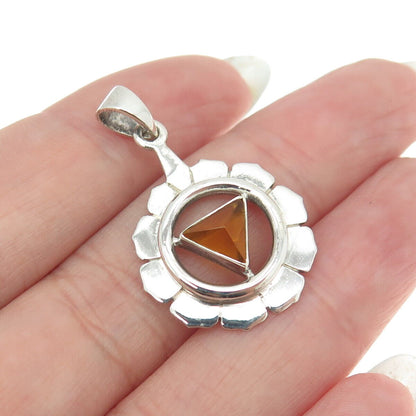 925 Sterling Silver Vintage Real Citrine Modernist Flower Pendant