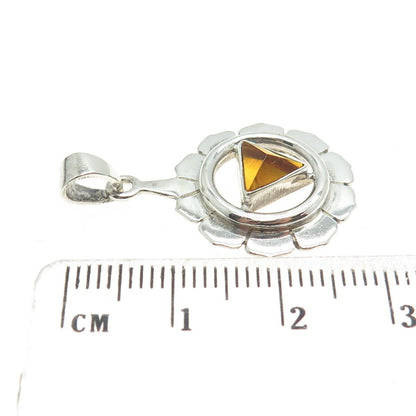 925 Sterling Silver Vintage Real Citrine Modernist Flower Pendant