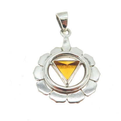 925 Sterling Silver Vintage Real Citrine Modernist Flower Pendant