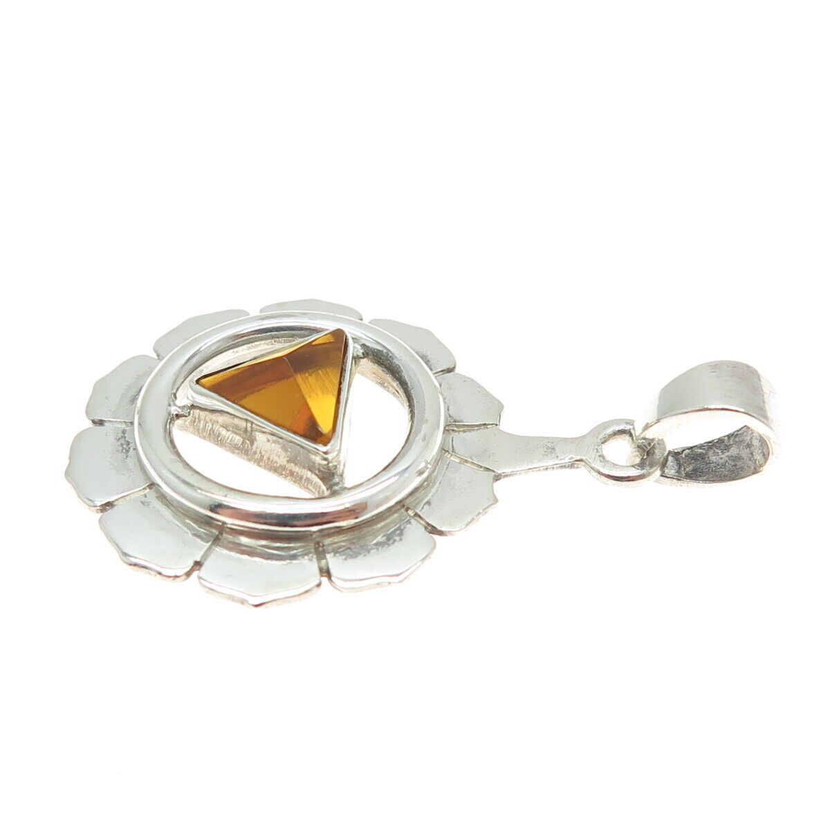 925 Sterling Silver Vintage Real Citrine Modernist Flower Pendant