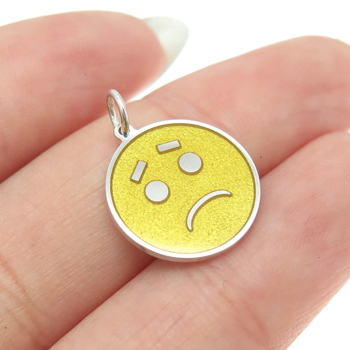 925 Sterling Silver Yellow Enamel Sad Face Emoji Minimalist Charm Pendant