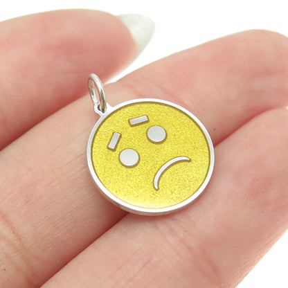 925 Sterling Silver Yellow Enamel Sad Face Emoji Minimalist Charm Pendant