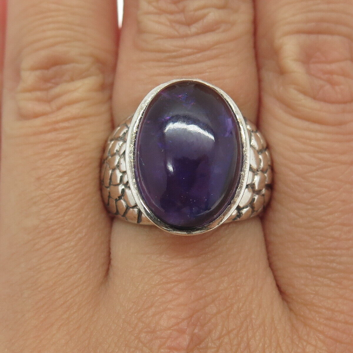 925 Sterling Silver Vintage Real Cabochon Amethyst Dragon Skin Ring Size 7.75