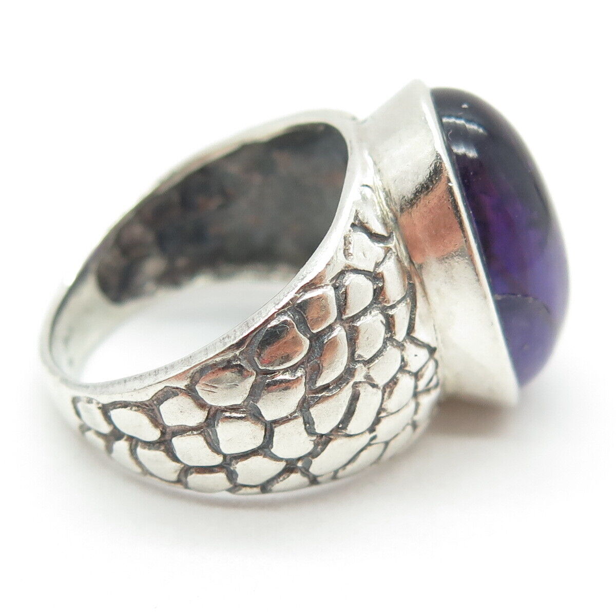 925 Sterling Silver Vintage Real Cabochon Amethyst Dragon Skin Ring Size 7.75