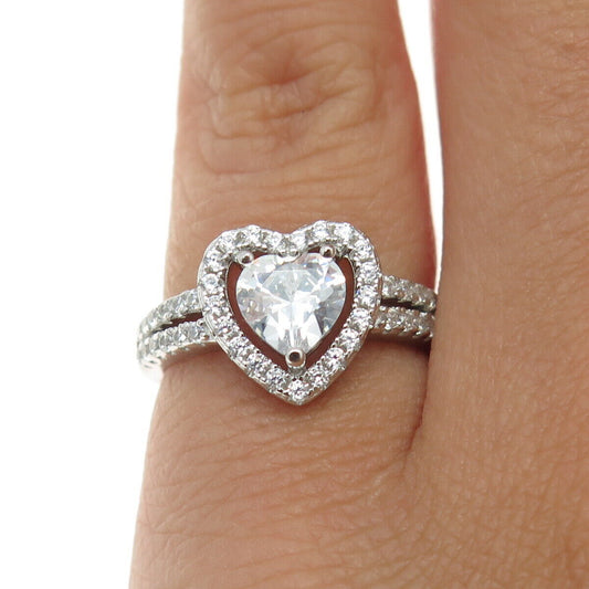 925 Sterling Silver Round & Heart-Cut C Z Promise Ring Size 5