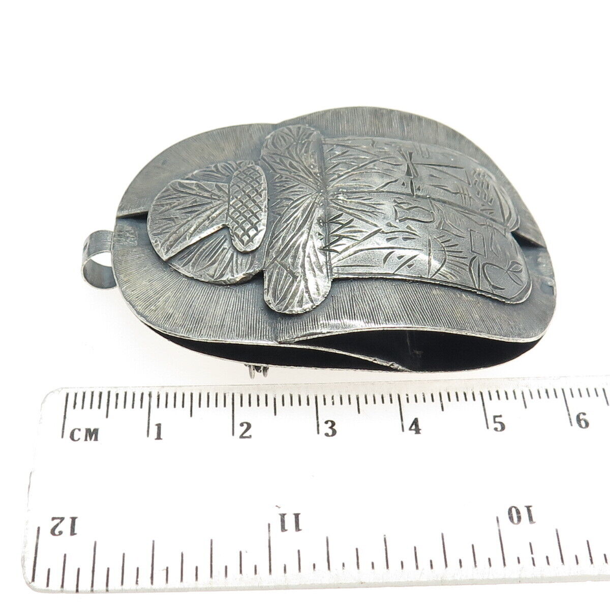 800 Silver Vintage Egypt Beetle / Scarab Oxidized Pin Brooch / Pendant