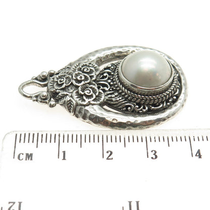 SARDA 925 Sterling Silver Vintage Real Pearl Flower Blossom Hammered Pendant