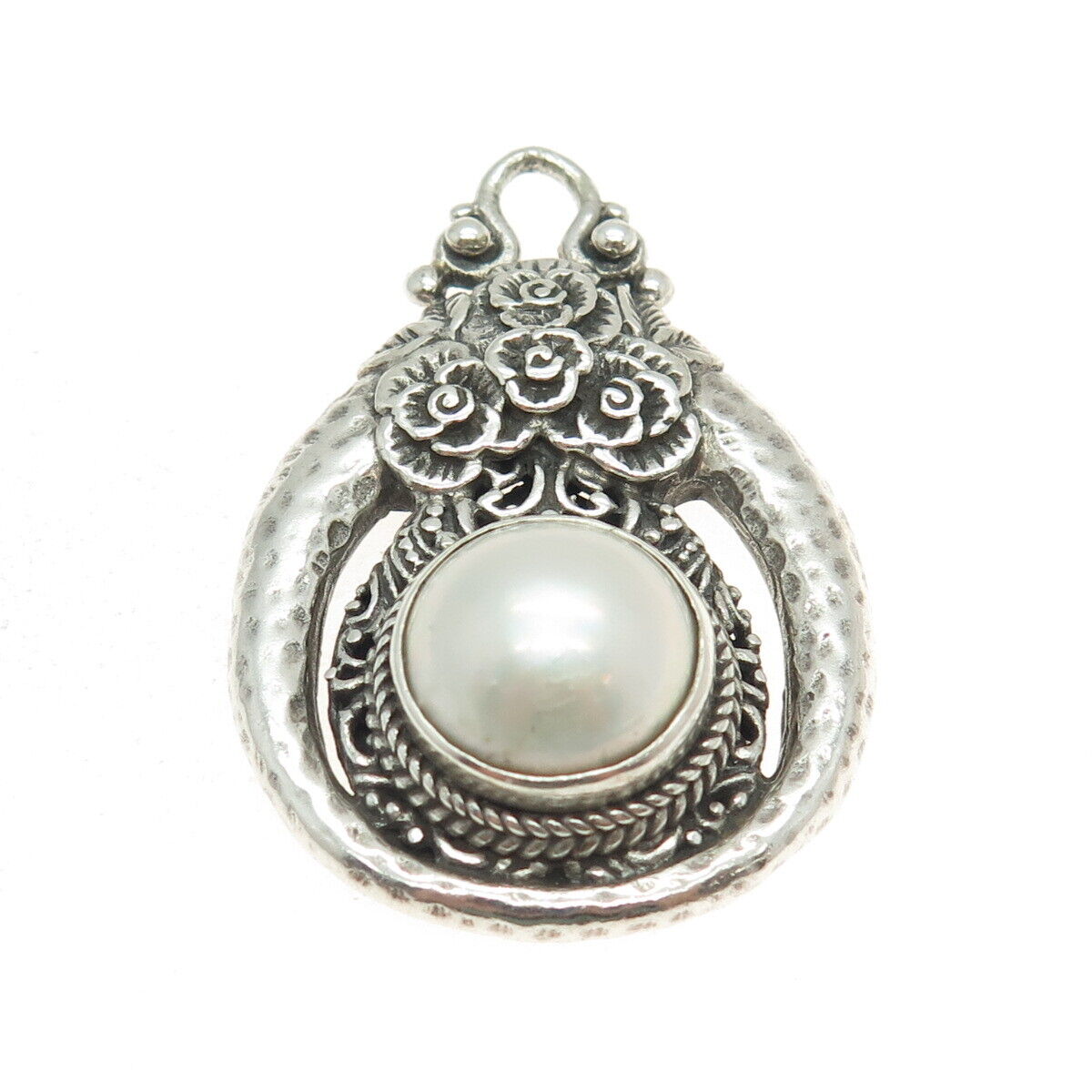 SARDA 925 Sterling Silver Vintage Real Pearl Flower Blossom Hammered Pendant