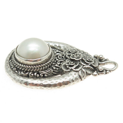 SARDA 925 Sterling Silver Vintage Real Pearl Flower Blossom Hammered Pendant