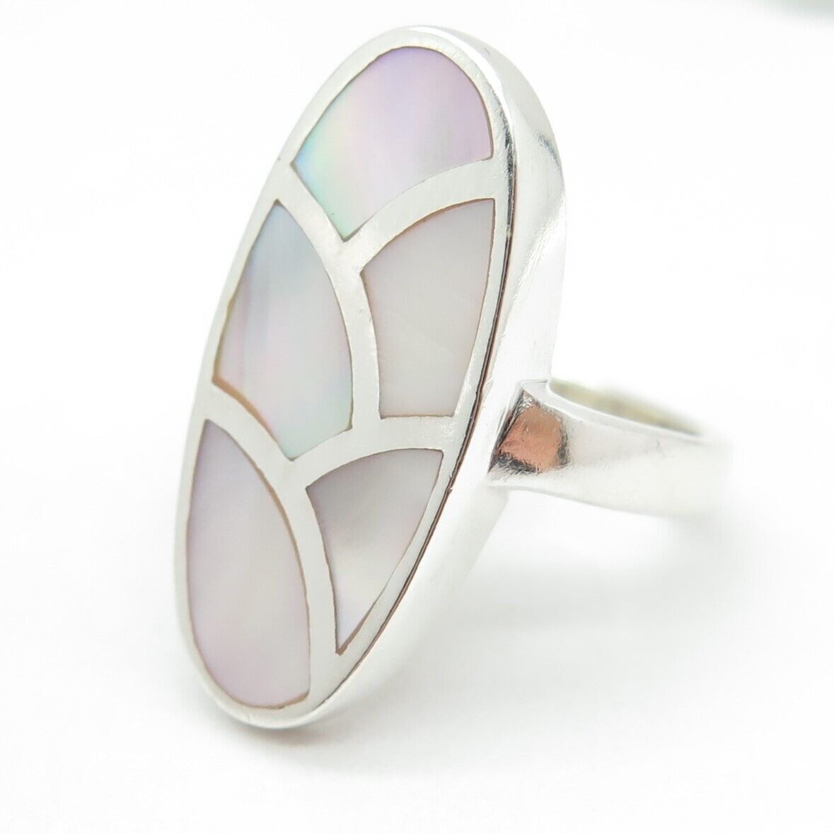 925 Sterling Silver Vintage Real Mother-of-Pearl Modernist Ring Size 9