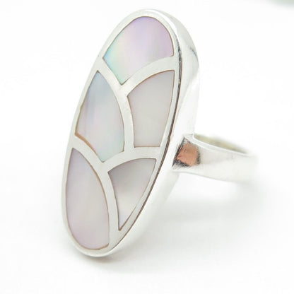 925 Sterling Silver Vintage Real Mother-of-Pearl Modernist Ring Size 9