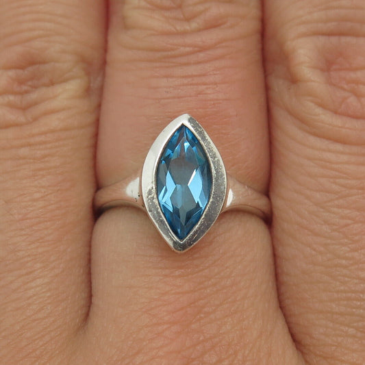 925 Sterling Silver Vintage Real Marquise-Cut Blue Topaz Ring Size 7.25