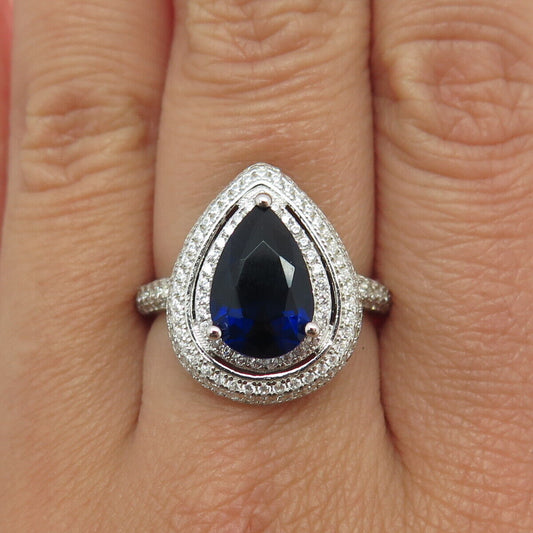 925 Sterling Silver Pear & Round-Cut Blue White C Z Ring Size 8.25