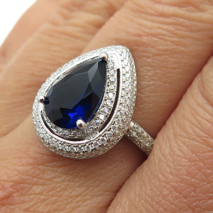 925 Sterling Silver Pear & Round-Cut Blue White C Z Ring Size 8.25