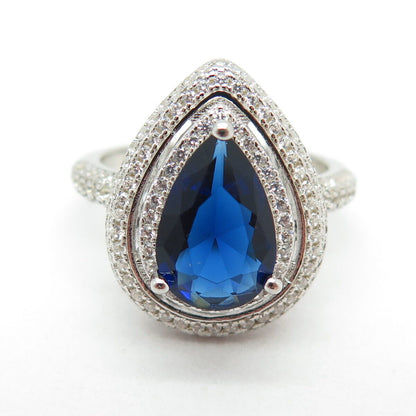 925 Sterling Silver Pear & Round-Cut Blue White C Z Ring Size 8.25