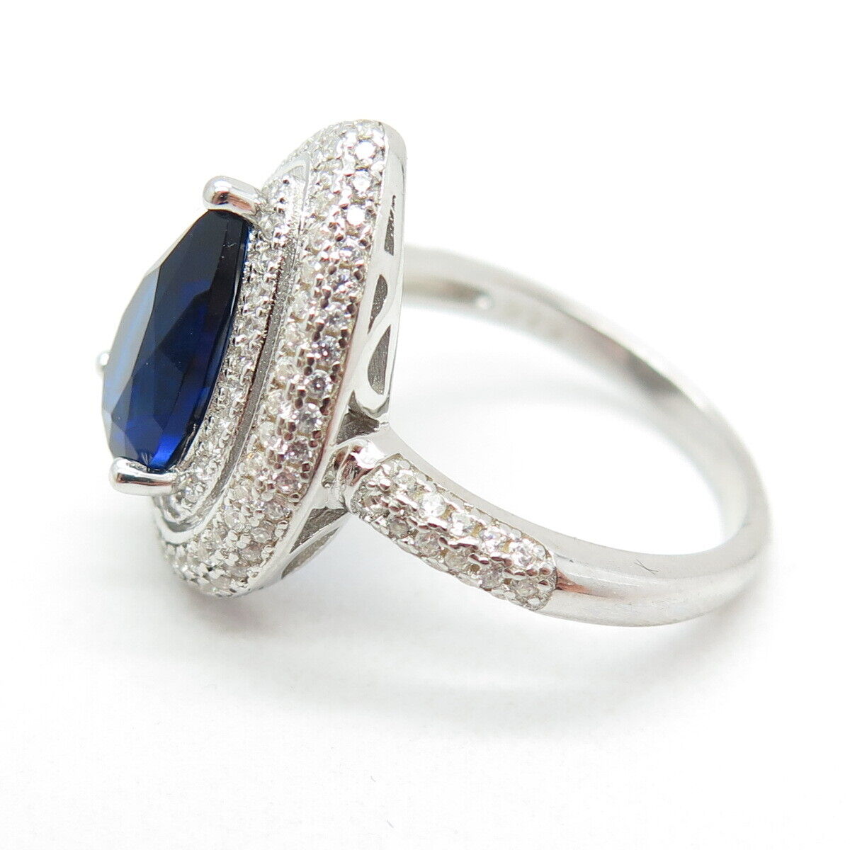 925 Sterling Silver Pear & Round-Cut Blue White C Z Ring Size 8.25