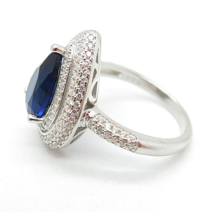 925 Sterling Silver Pear & Round-Cut Blue White C Z Ring Size 8.25