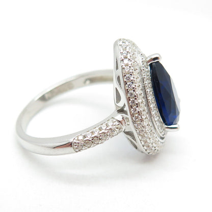 925 Sterling Silver Pear & Round-Cut Blue White C Z Ring Size 8.25