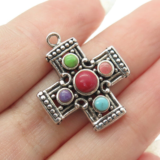 925 Sterling Silver Vintage Real Turquoise Coral & Sugilite Gem Cross Pendant