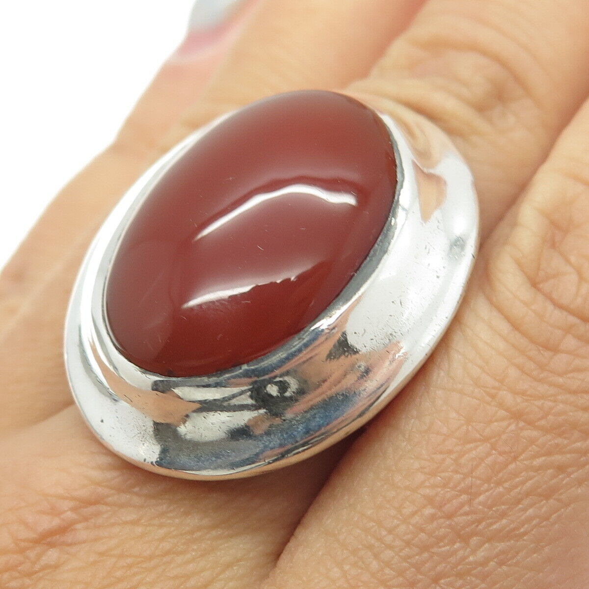 925 Sterling Silver Vintage Real Large Carnelian Gemstone Ring Size 7.75