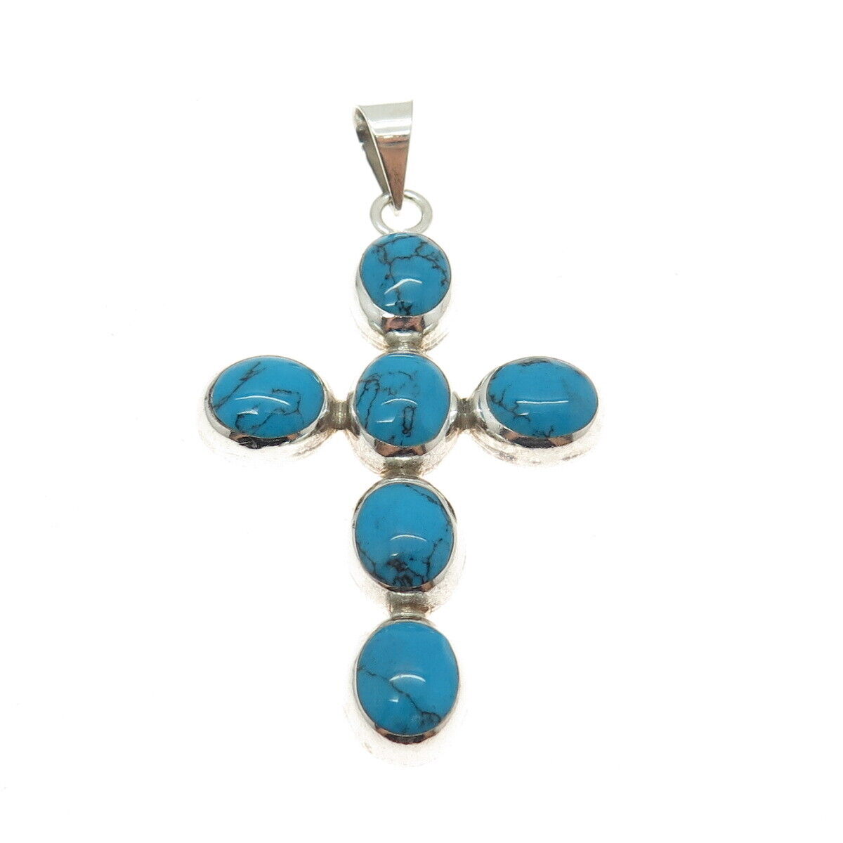 925 Sterling Silver Vintage Real Turquoise Gemstone Cross Pendant