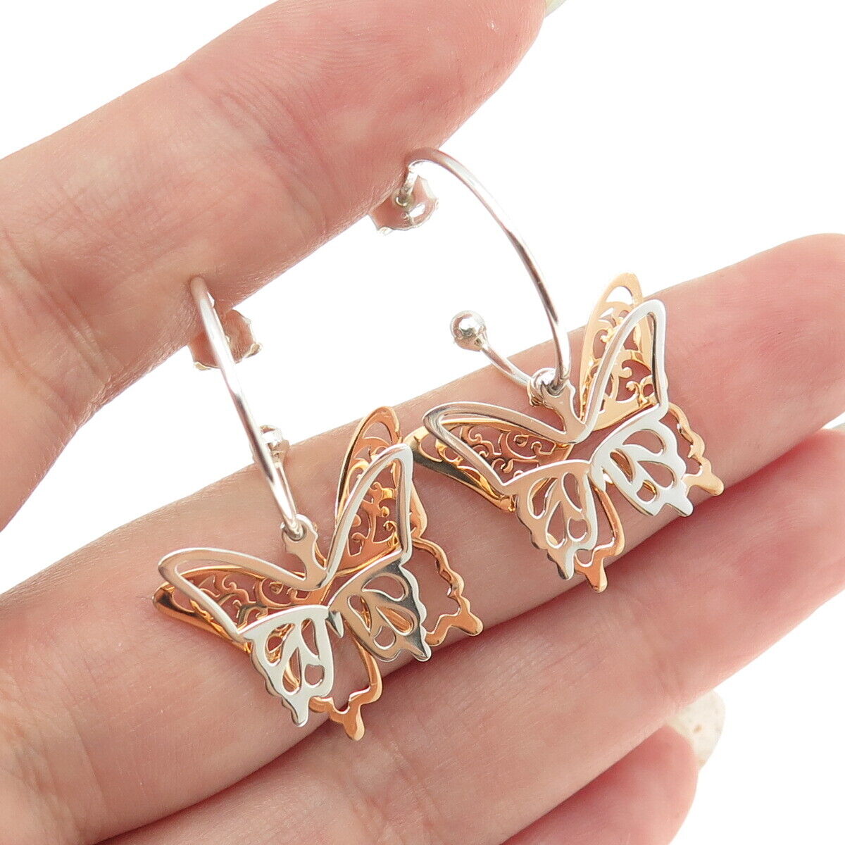 925 Sterling Silver 2-Tone Butterfly Charm Hoop Earrings