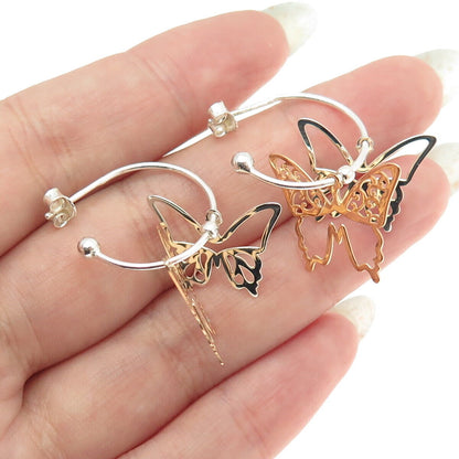 925 Sterling Silver 2-Tone Butterfly Charm Hoop Earrings