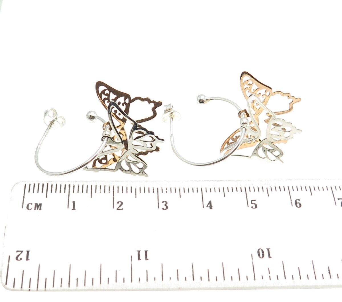 925 Sterling Silver 2-Tone Butterfly Charm Hoop Earrings