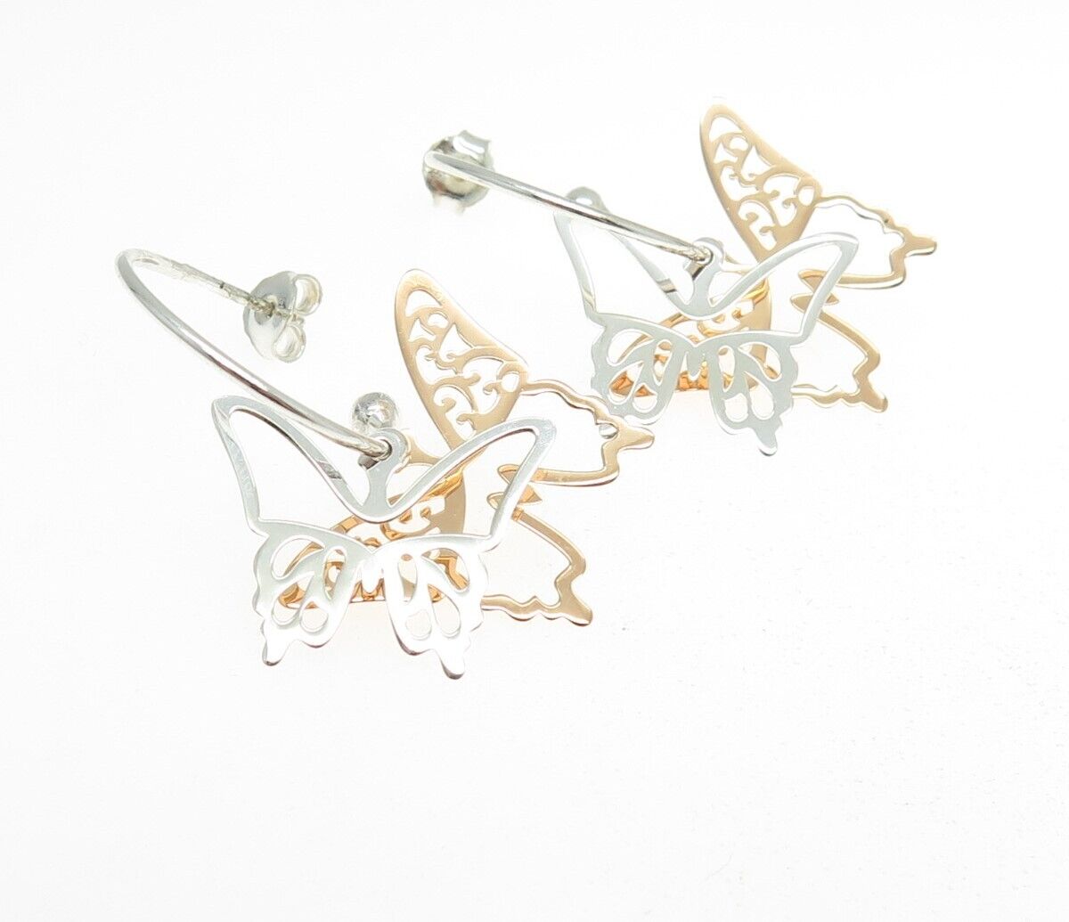 925 Sterling Silver 2-Tone Butterfly Charm Hoop Earrings