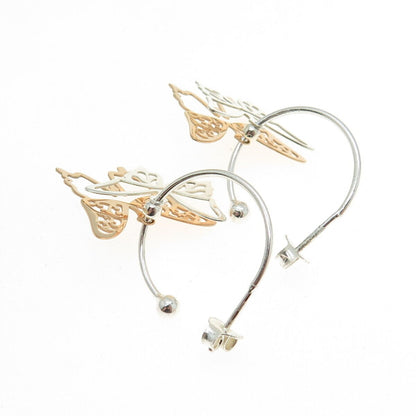 925 Sterling Silver 2-Tone Butterfly Charm Hoop Earrings