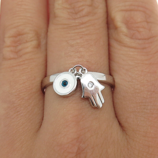 925 Sterling Silver Enamel Round-Cut C Z Hamsa & Evil's Eye Charm Ring Size 9