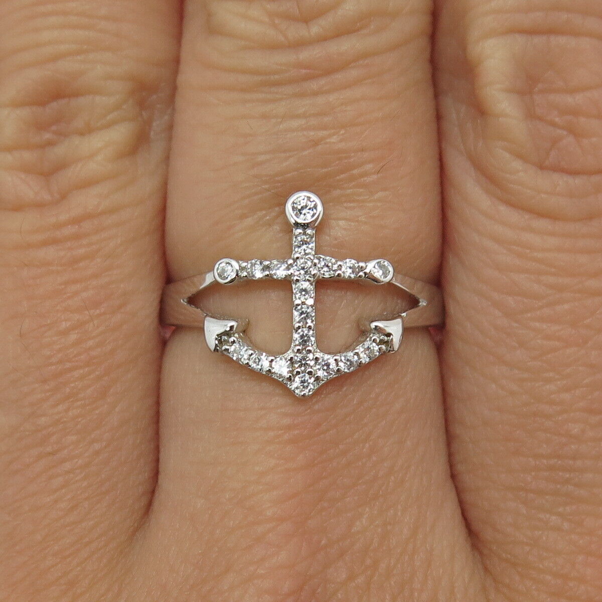 925 Sterling Silver Round-Cut C Z Anchor Ring Size 6.75