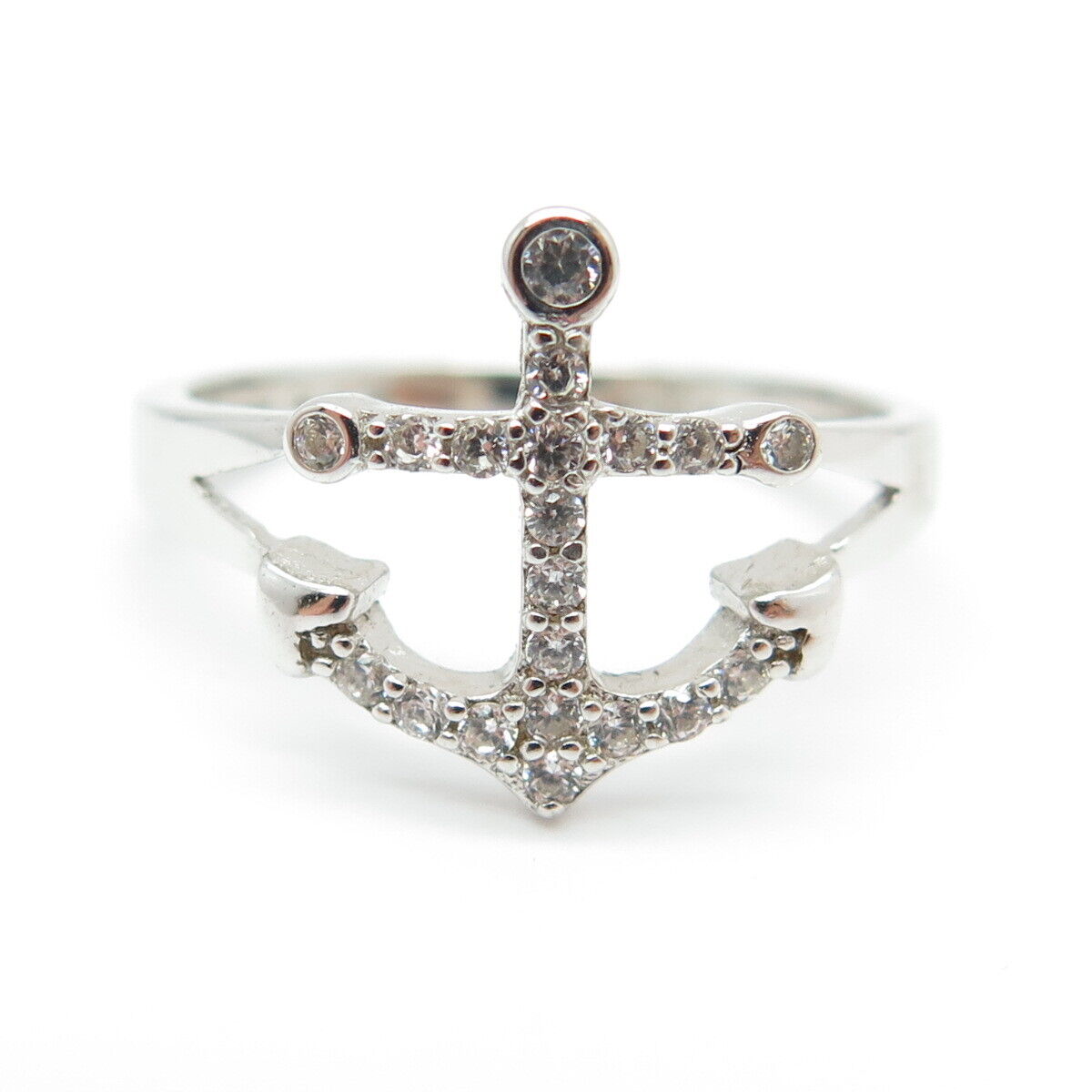 925 Sterling Silver Round-Cut C Z Anchor Ring Size 6.75