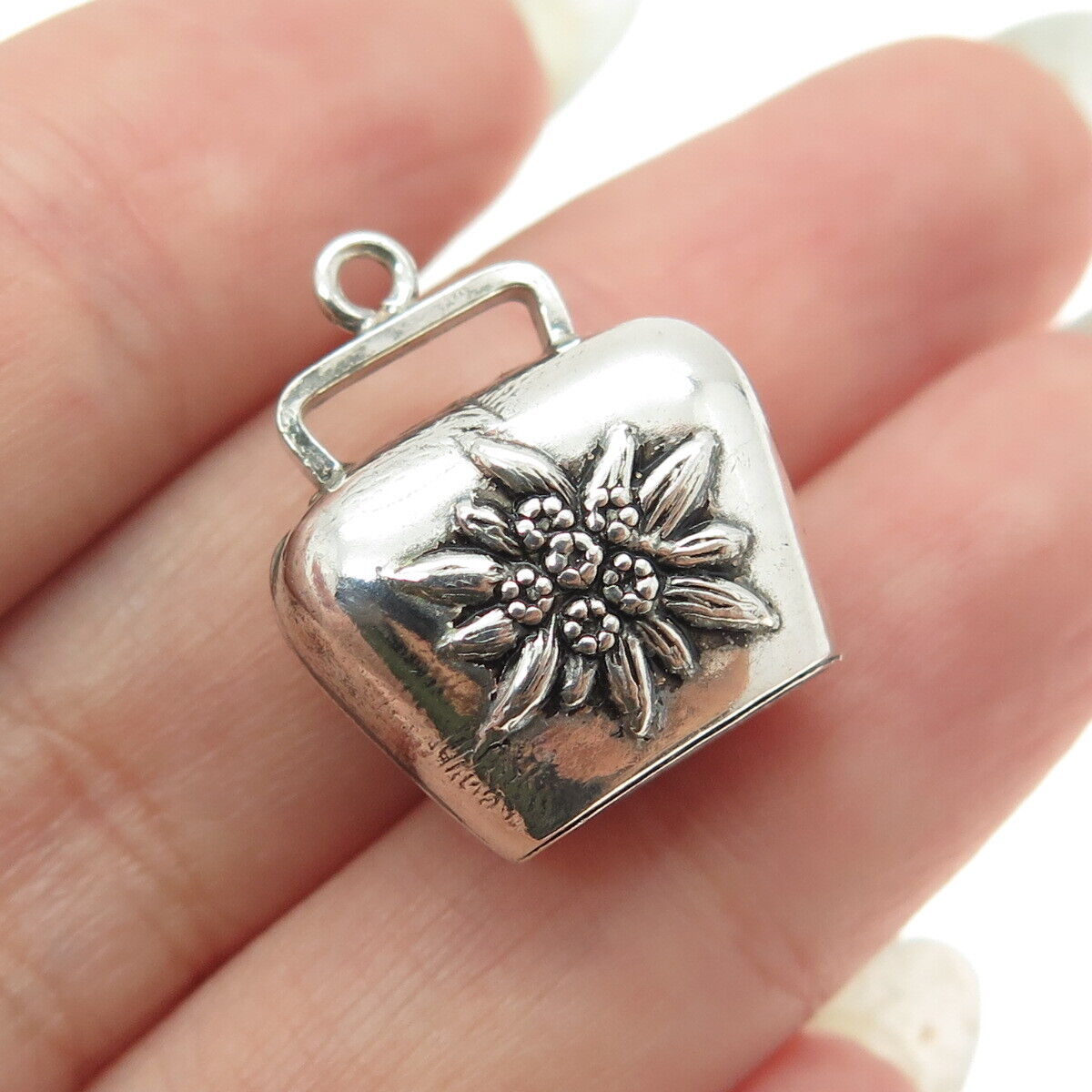 800 Silver Antique Art Deco Flower Bell Minimalist Charm Pendant