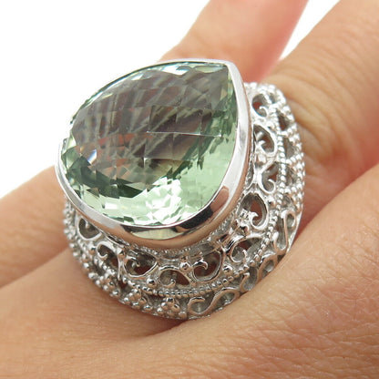 925 Sterling Silver Real Pear-Cut Green Amethyst Statement Ring Size 6