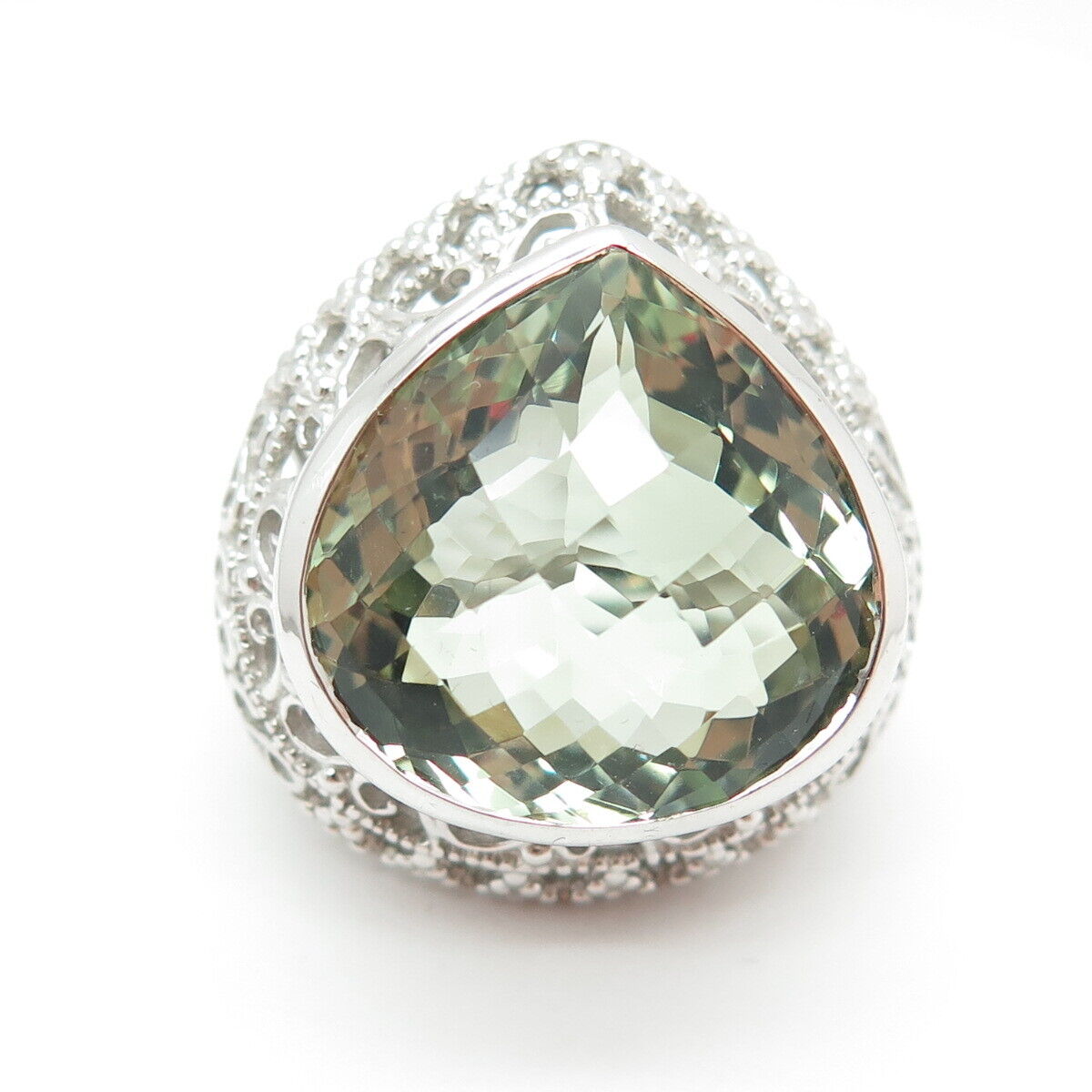 925 Sterling Silver Real Pear-Cut Green Amethyst Statement Ring Size 6