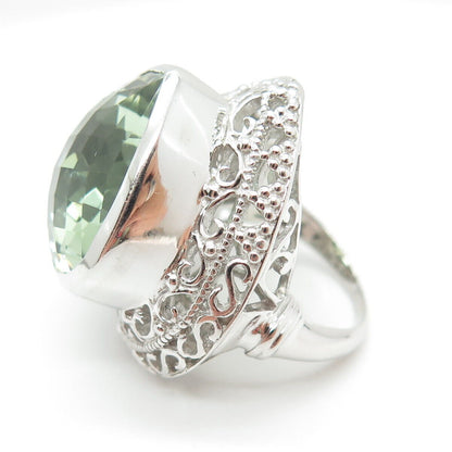 925 Sterling Silver Real Pear-Cut Green Amethyst Statement Ring Size 6