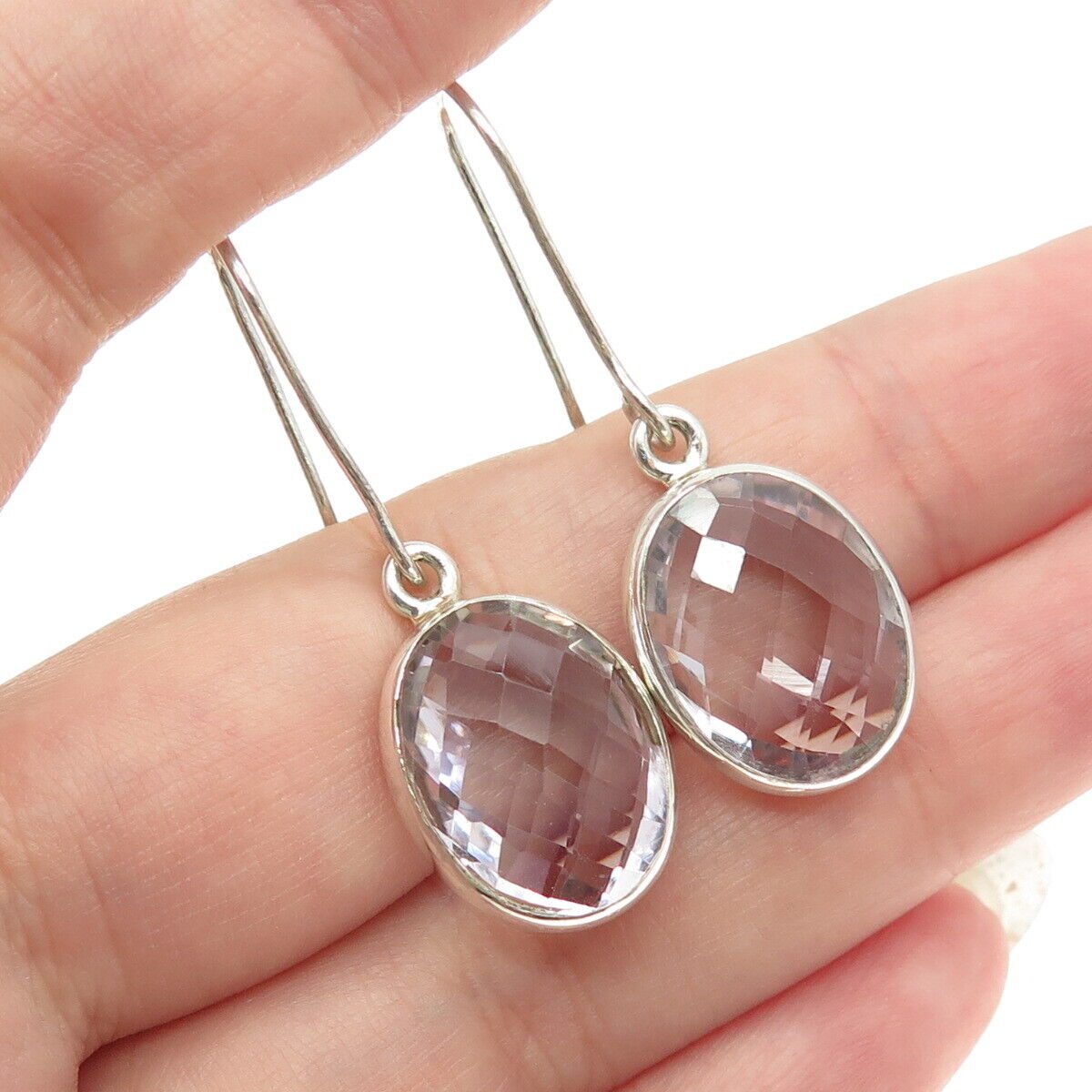 925 Sterling Silver Vintage Real Oval-Cut Amethyst Dangling Earrings