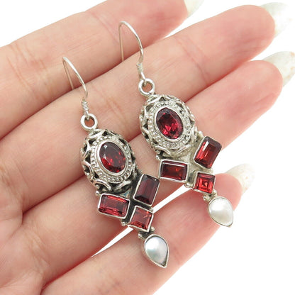 925 Sterling Silver Vintage Real Pearl & Red Garnet Dangling Earrings