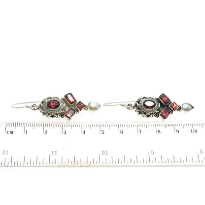 925 Sterling Silver Vintage Real Pearl & Red Garnet Dangling Earrings