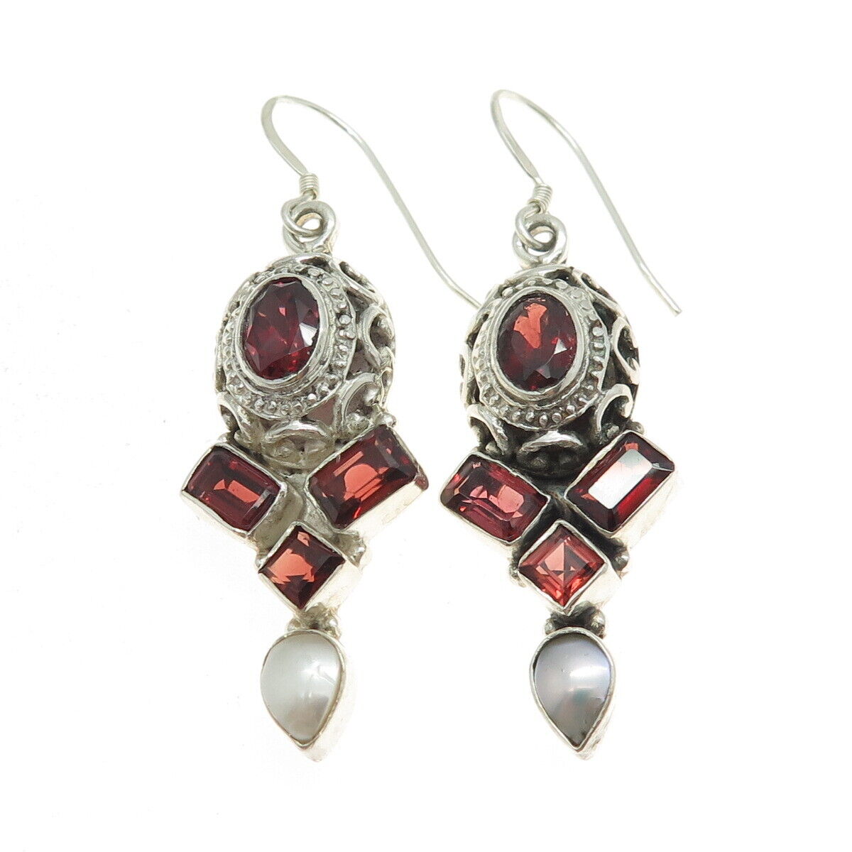 925 Sterling Silver Vintage Real Pearl & Red Garnet Dangling Earrings