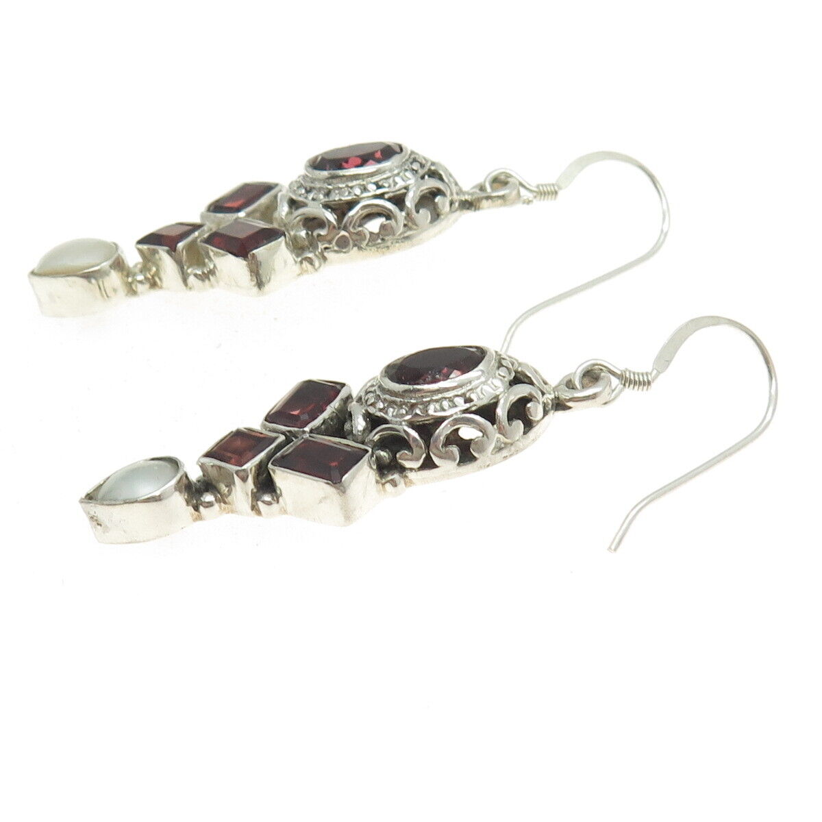 925 Sterling Silver Vintage Real Pearl & Red Garnet Dangling Earrings