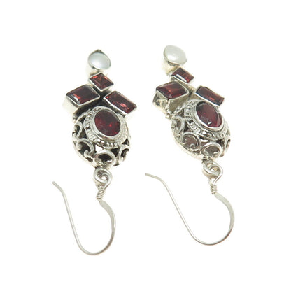 925 Sterling Silver Vintage Real Pearl & Red Garnet Dangling Earrings