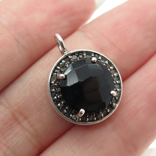 925 Sterling Silver Real Round-Cut Diamond & Black Onyx Minimalist Charm Pendant