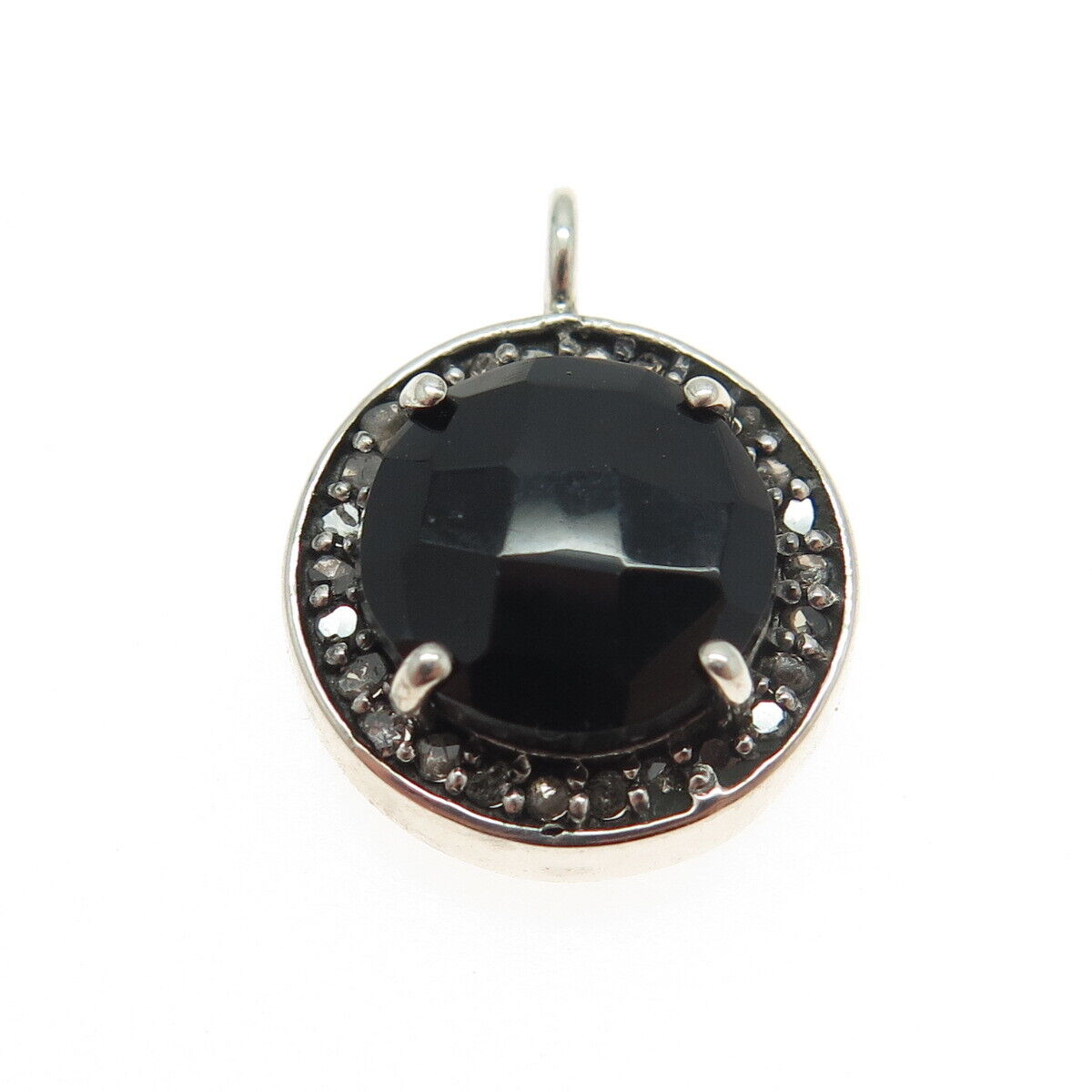 925 Sterling Silver Real Round-Cut Diamond & Black Onyx Minimalist Charm Pendant