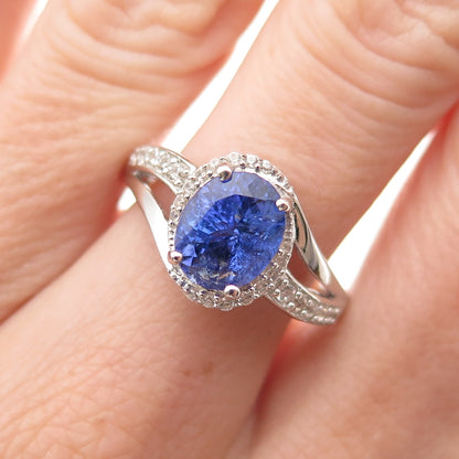 925 Sterling Silver Real Tanzanite & White Topaz Bypass Ring Size 8