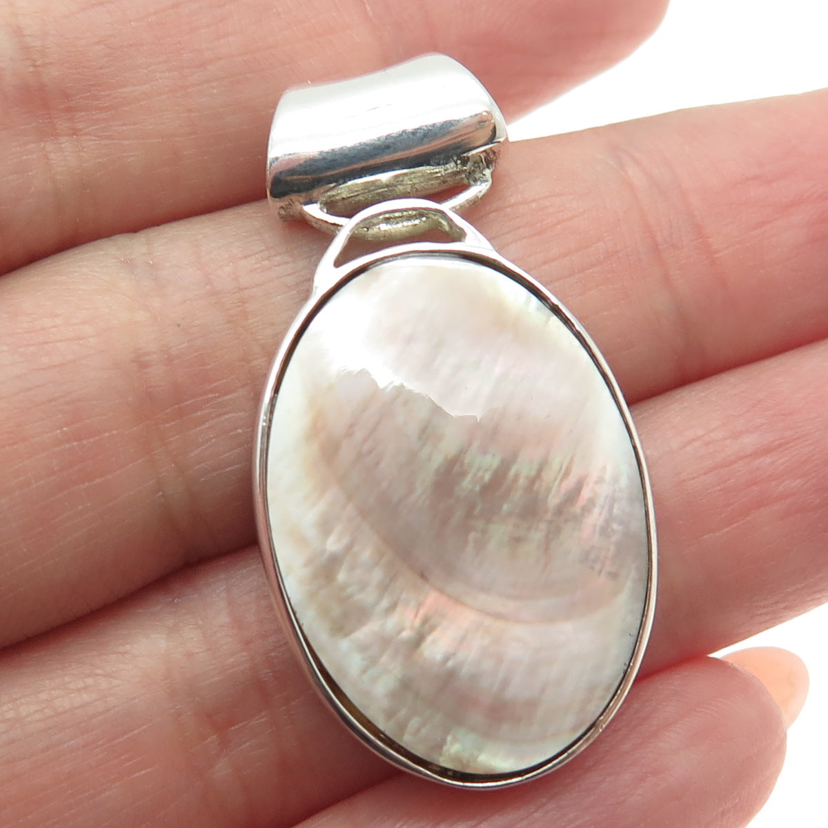 925 Sterling Silver Vintage Real Mother-of-Pearl Oval Slide Pendant